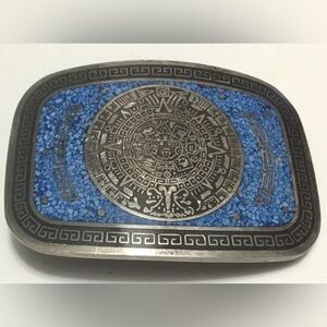 Vintage Rare Unisex Aztec Mayan Calendar Turquoise Chip Inlay Buckle